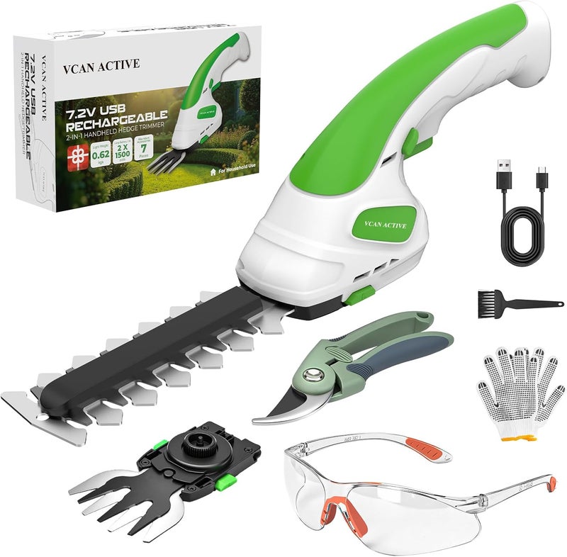 VCAN ACTIVE 7.2V Hedge Trimmer Cordless | 2-in-1 Handheld Electric Shrub Trimmer & Grass Shear with Pruning Shears | 3.0Ah Lightweight Rechargeable Battery Powered for Garden, Yard, Lawn - Image 1